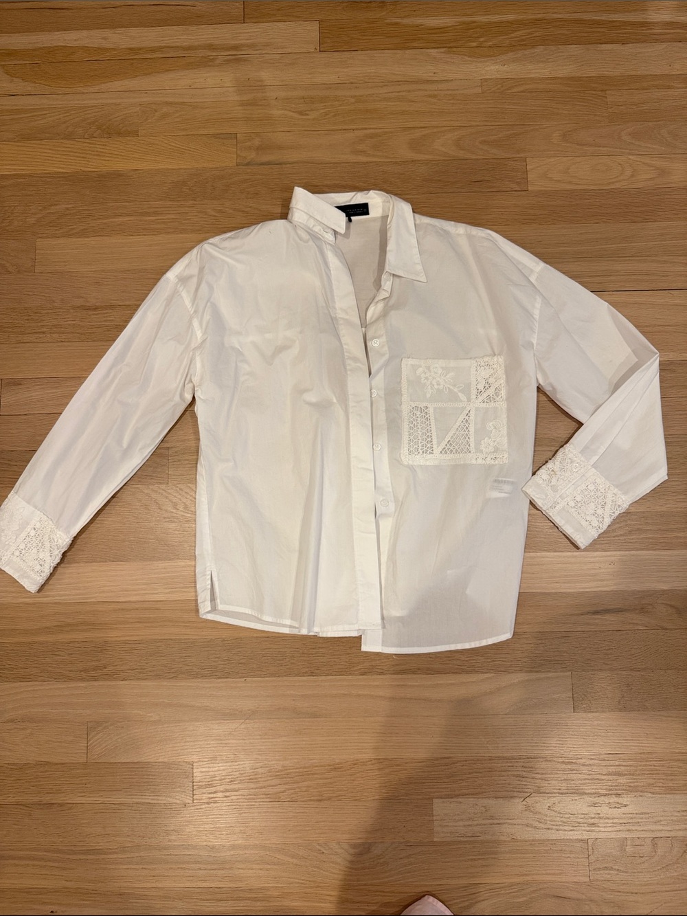 Zara White Cotton Button-Down with crochet  Lace /embroidered Pocket & Cuff